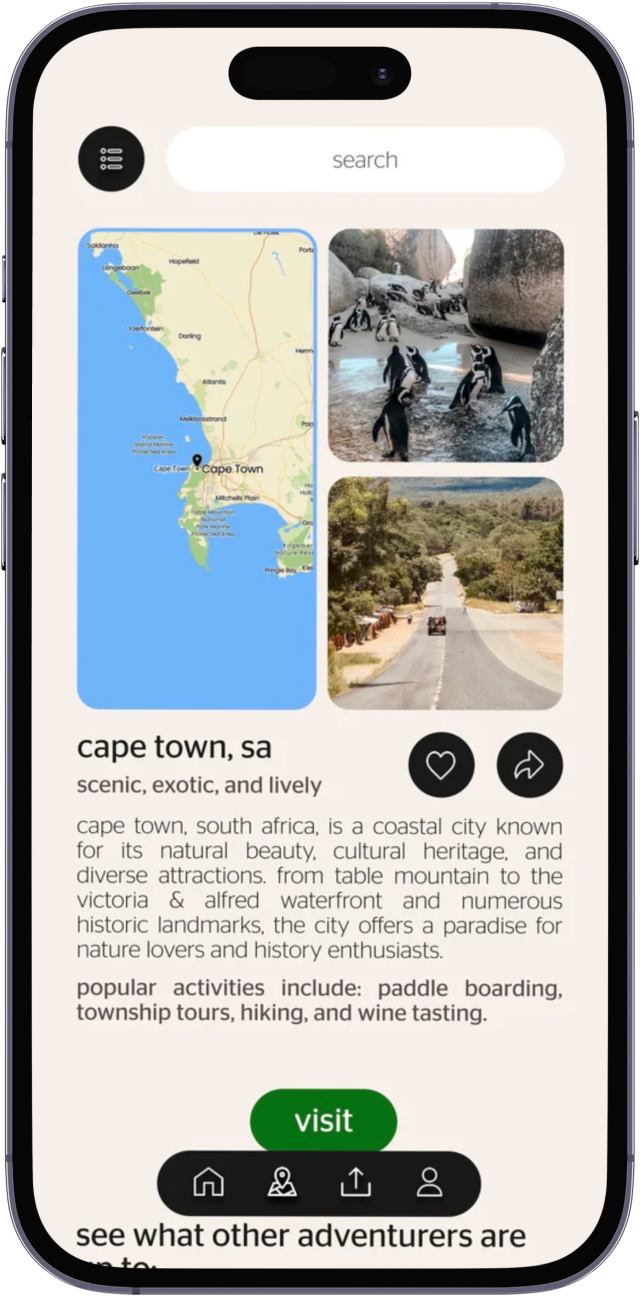 High fidelity wireframe of Adventura app