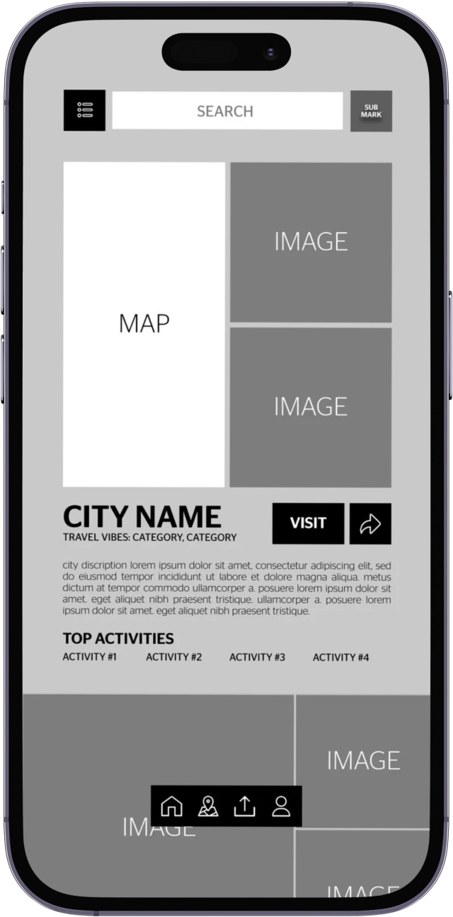 Mid fidelity wireframe of Adventura app
