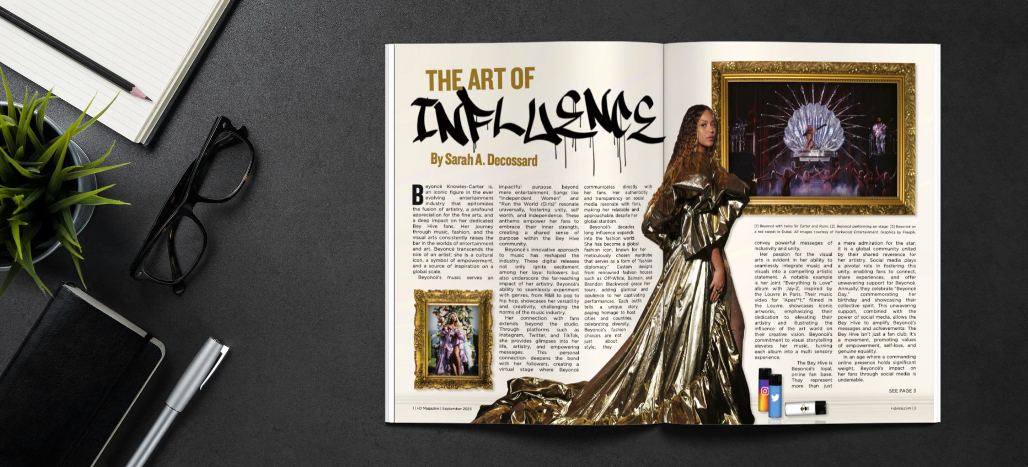 Mockup magazine inside article spread of Beyoncé for ID Magazine
