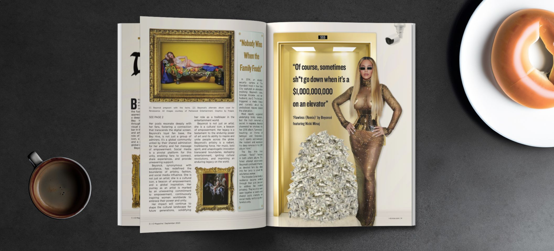 Mockup magazine inside article spread of Beyoncé for ID Magazine