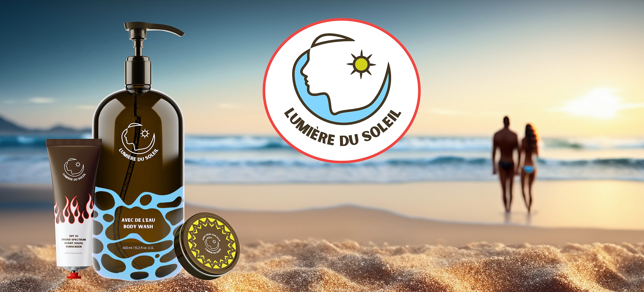 Packing mockup for Lumière Du Soleil in beach setting