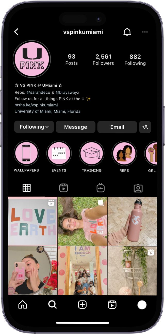 Screenshot of now defunct University of Miami PINK campus instagram